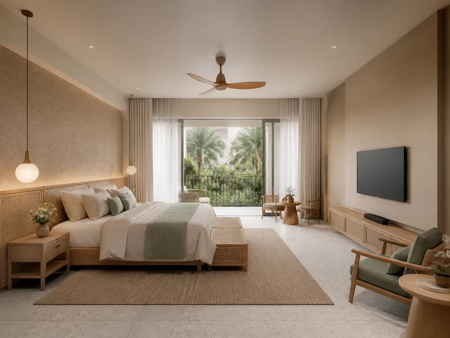 Mẫu nội thất phòng ngủ 9m2 đẹp phong cách Japandi thư giãn