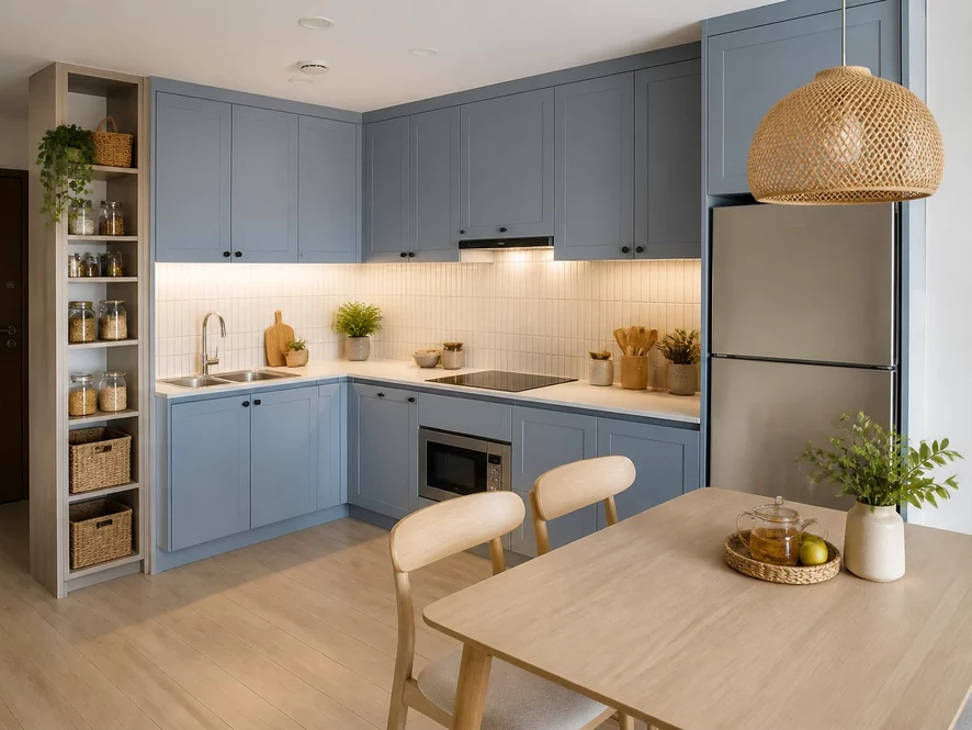Thiết kế mẫu nội thất phòng ngủ 9m2 đẹp kết nối bếp mini