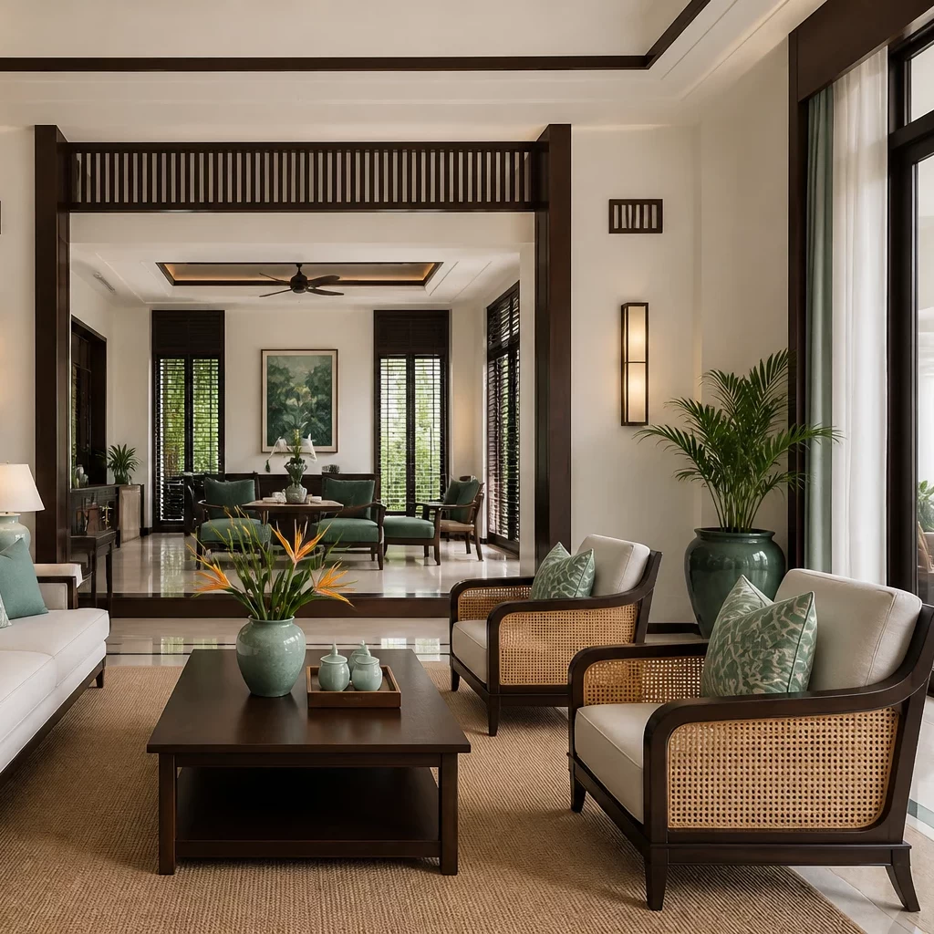 Phòng bếp lớn phong cách Indochine nội thất biệt thự