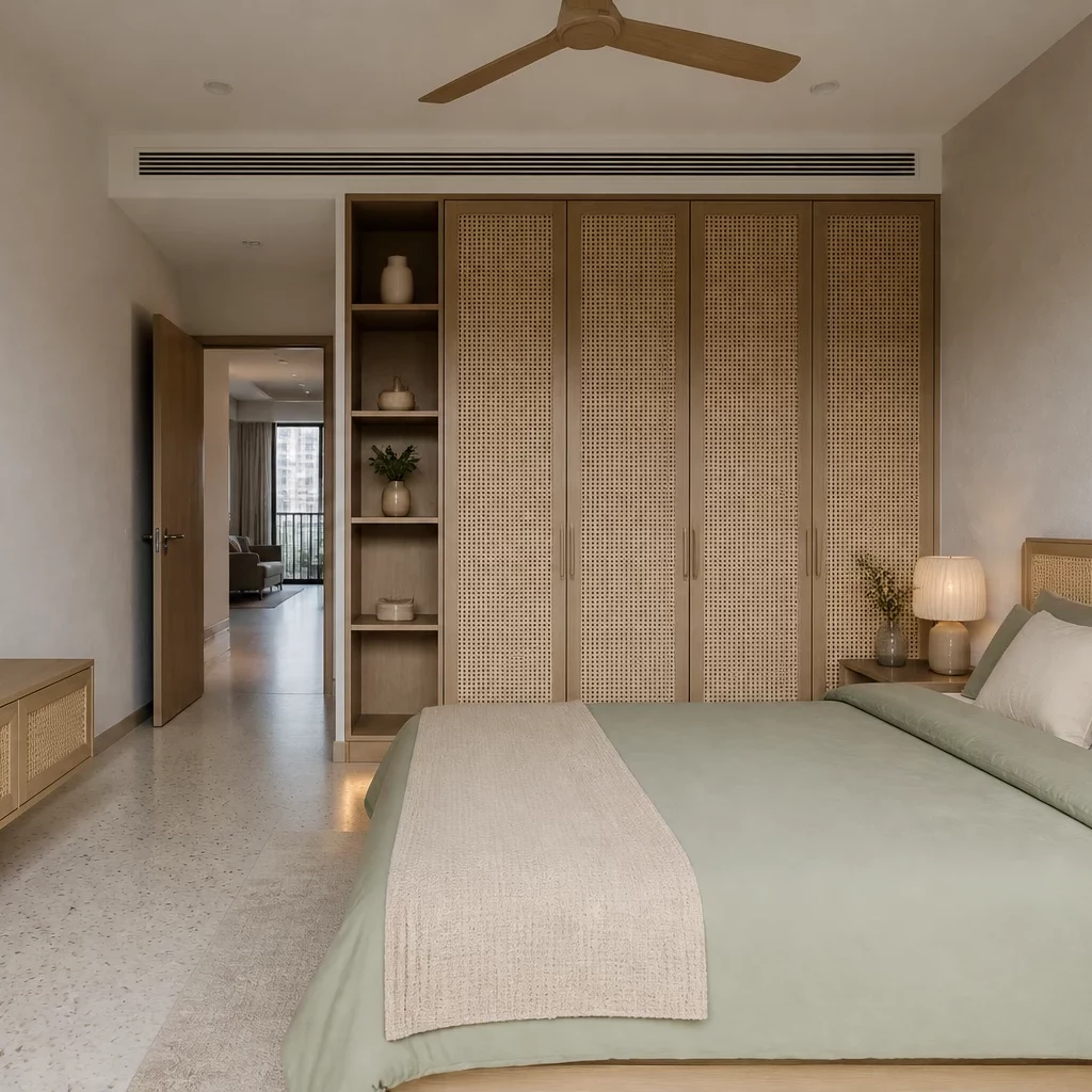 Nội thất chung cư 2 phòng ngủ: gỗ nâu + xám nhạt, giường gấp + bàn ăn gỗ.
