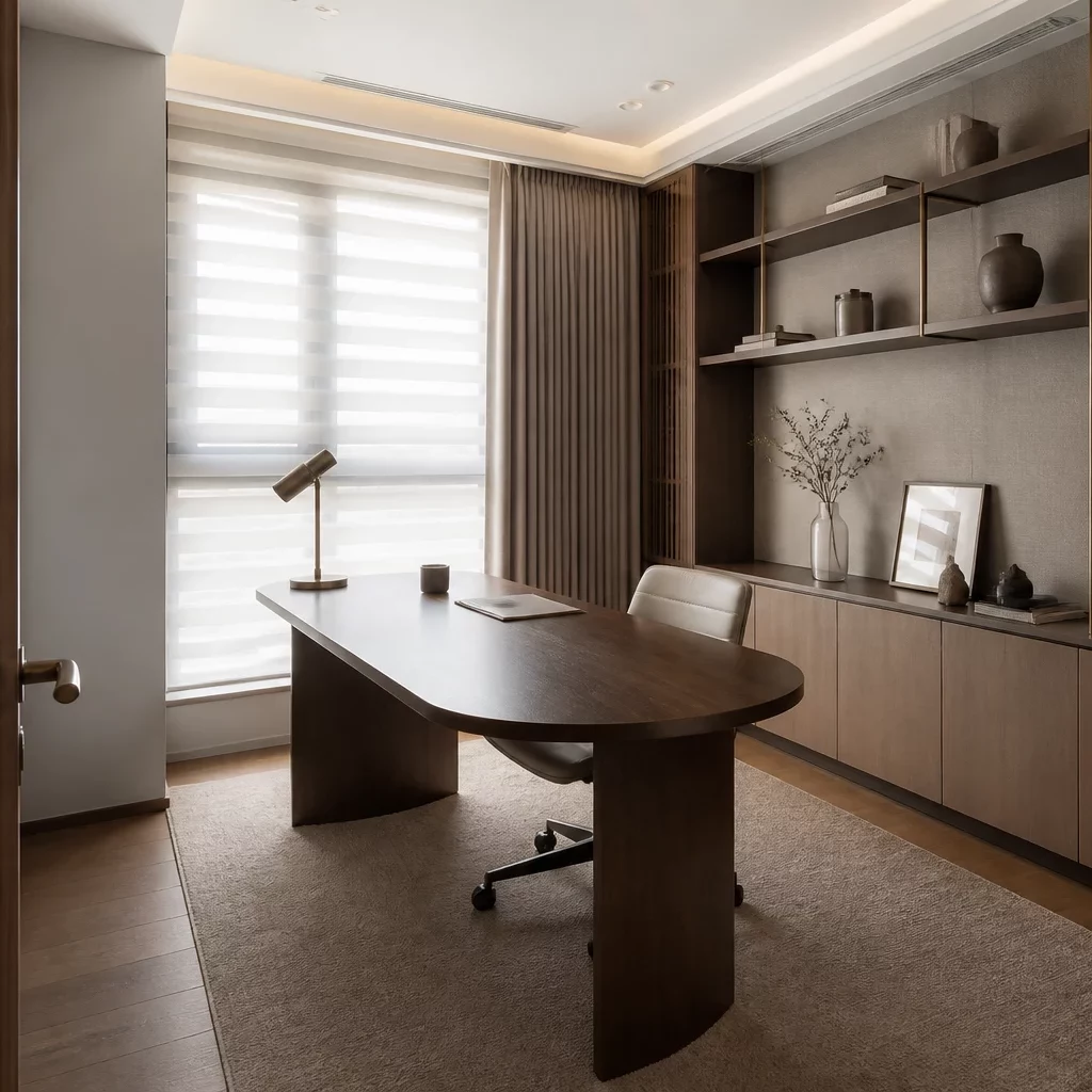 Nội thất chung cư 2 phòng ngủ: góc làm việc gỗ ấm cúng view tuyết.