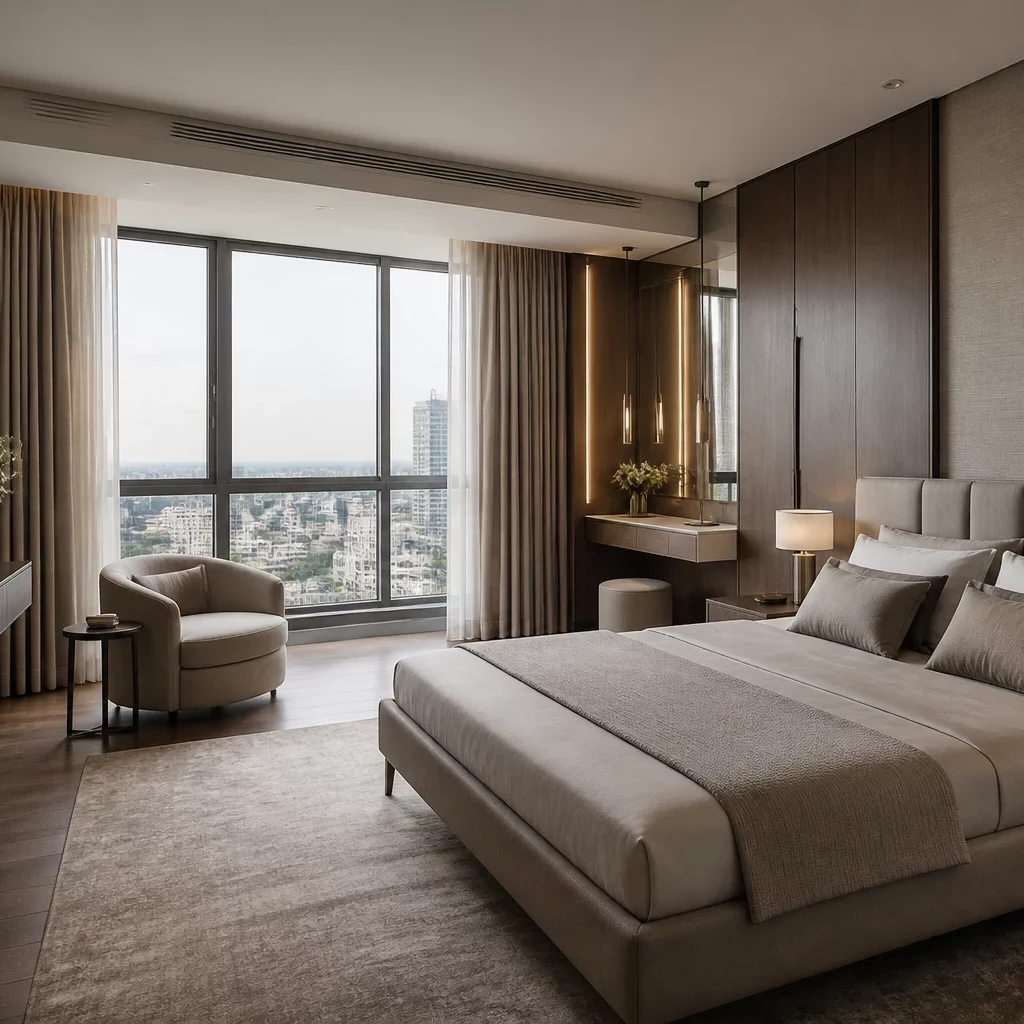 Nội thất chung cư 2 phòng ngủ: gam màu xám và gỗ tự nhiên.