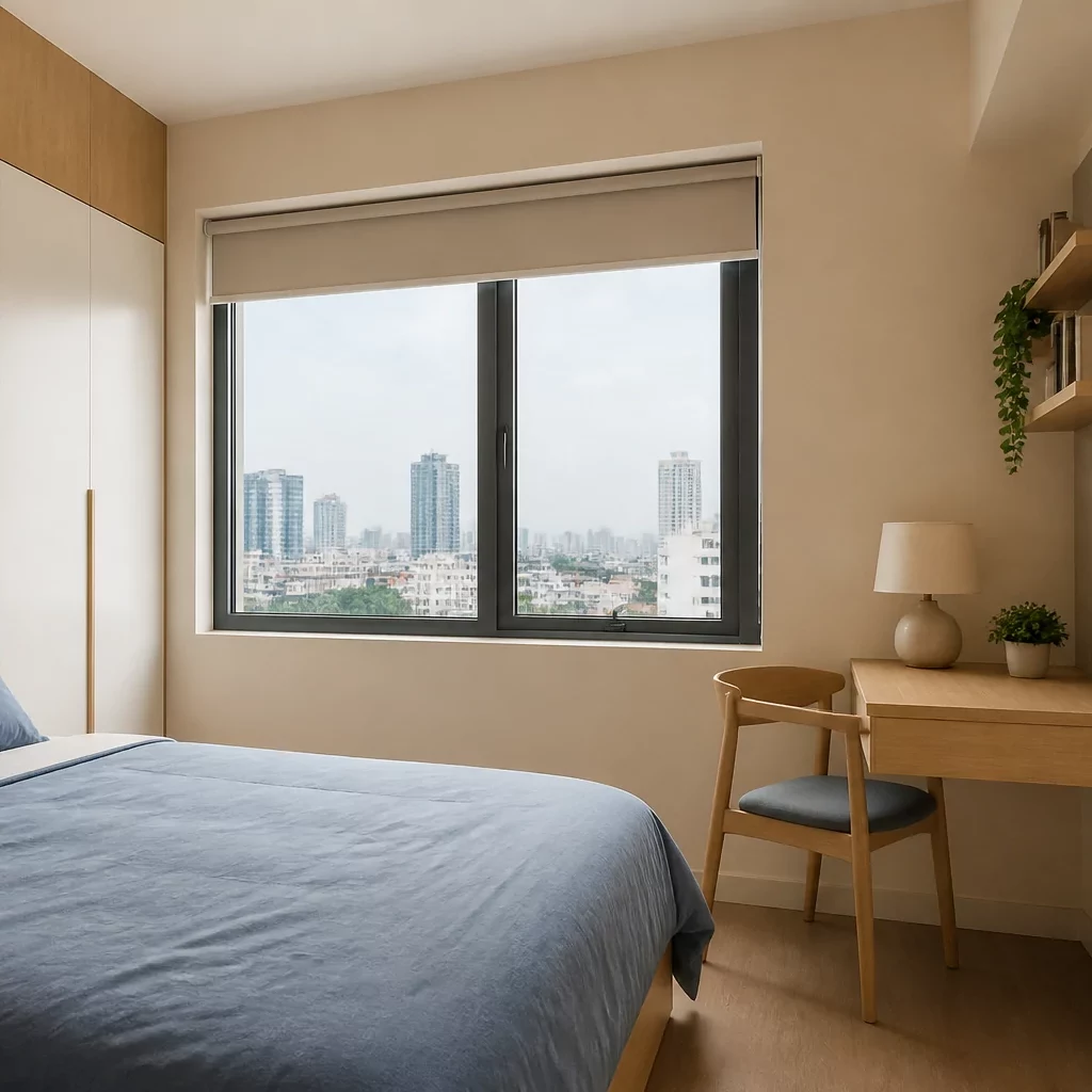 Nội thất chung cư 2 phòng ngủ với tường ombre và thảm cầu vồng.