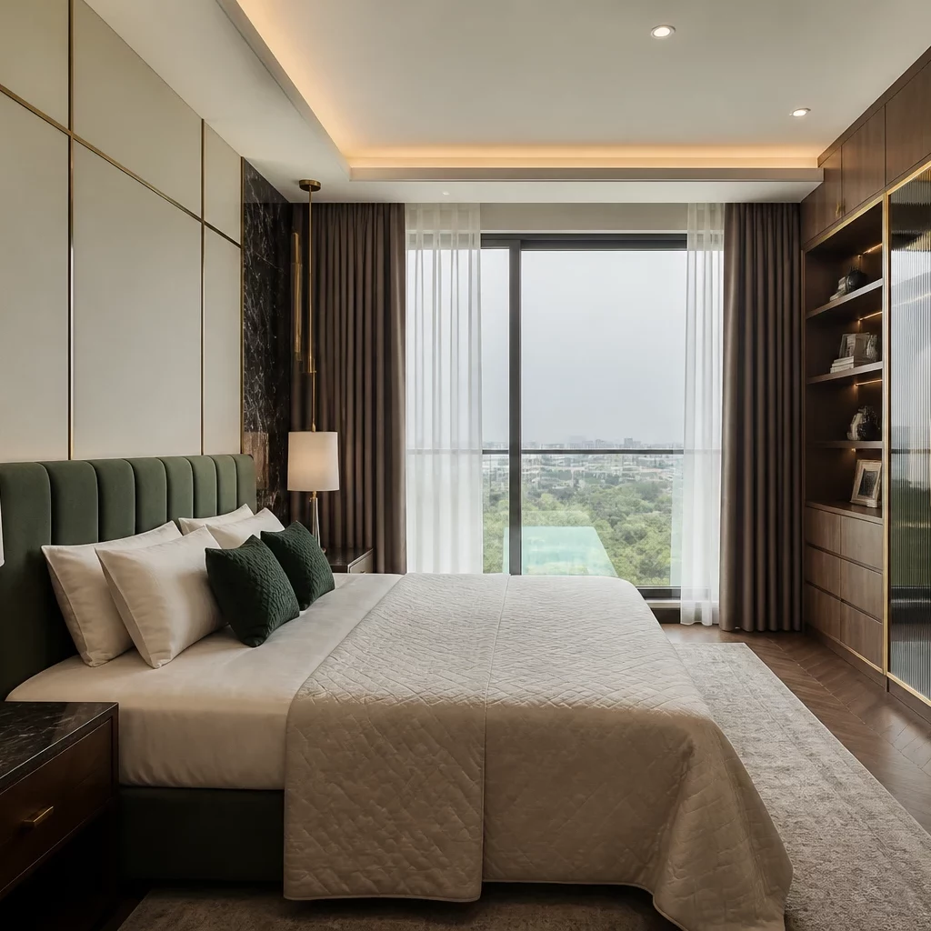Nội thất chung cư 2 phòng ngủ: Giường tầng gỗ với ánh sáng LED dịu nhẹ.