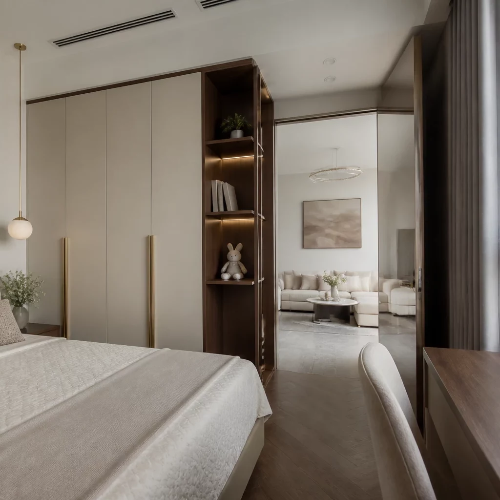 Nội thất chung cư 2 phòng ngủ: ban công xanh mát với sofa trắng và cây cảnh.