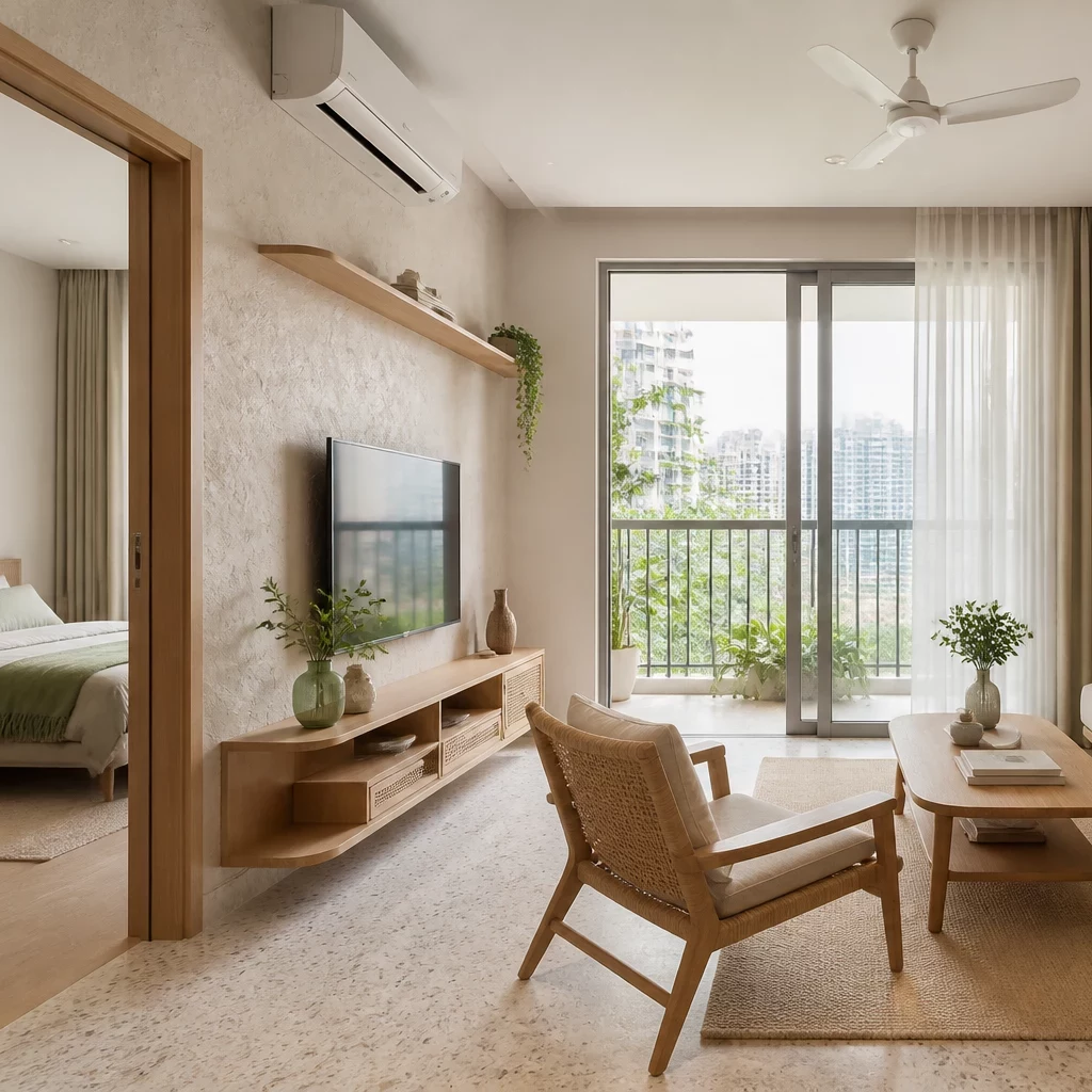Nội thất chung cư 2 phòng ngủ: ban công hiện đại với sofa gỗ và cây cảnh.