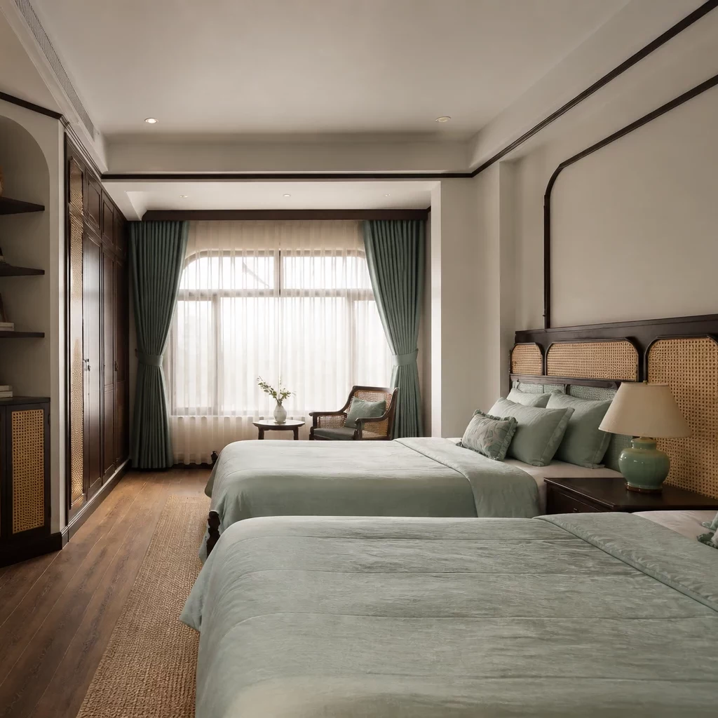 nội thất chung cư 2 phòng ngủ, phòng ngủ tối giản với sàn gỗ, giường êm, đèn ngủ gốm.