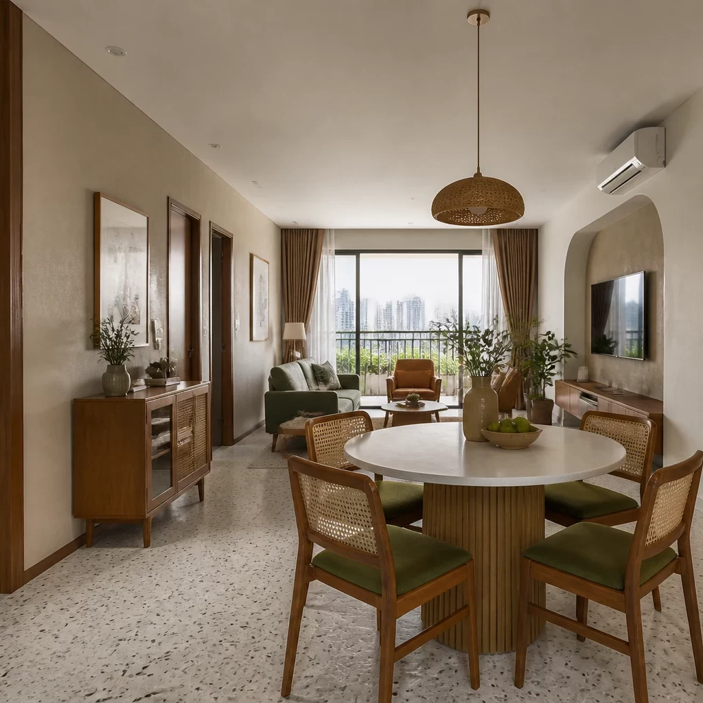 Thiết kế chung cư 3 phòng ngủ với ban công view city, nội thất trắng và cây xanh.