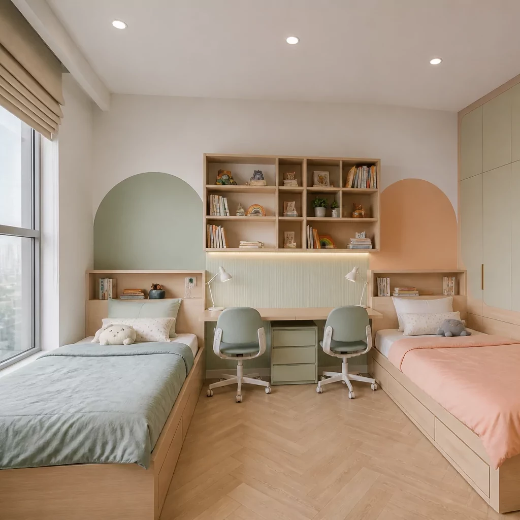 Thiết kế chung cư 3 phòng ngủ: phòng ngủ hiện đại với tên lửa tường và nội thất gỗ.