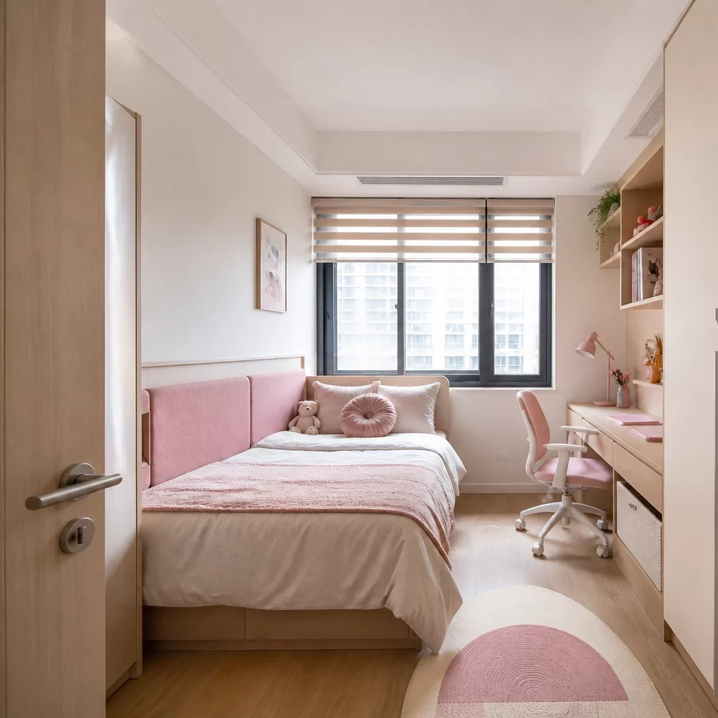 Thiết kế chung cư 3 phòng ngủ: phòng ngủ gỗ tự nhiên với rèm voan và đèn LED.