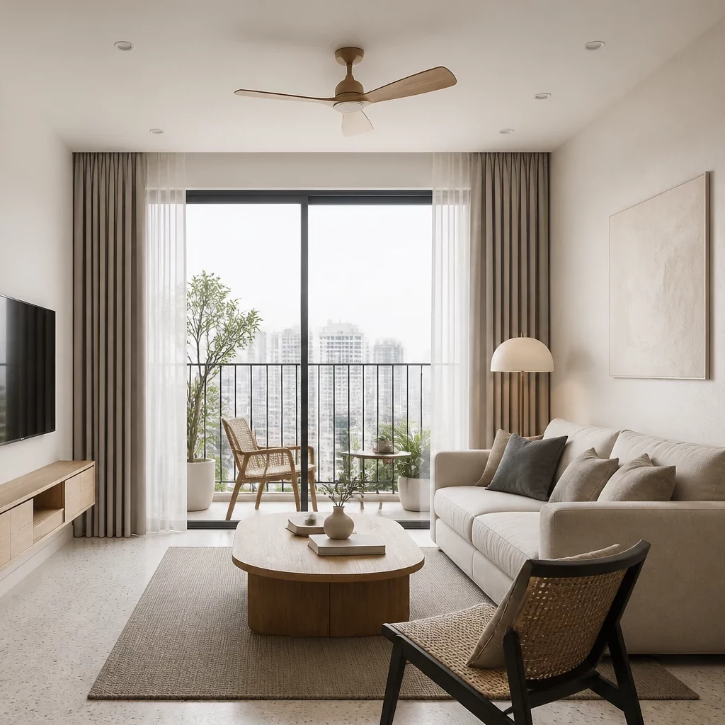Thiết kế chung cư 3 phòng ngủ: không gian ngủ tối giản với view núi mờ.