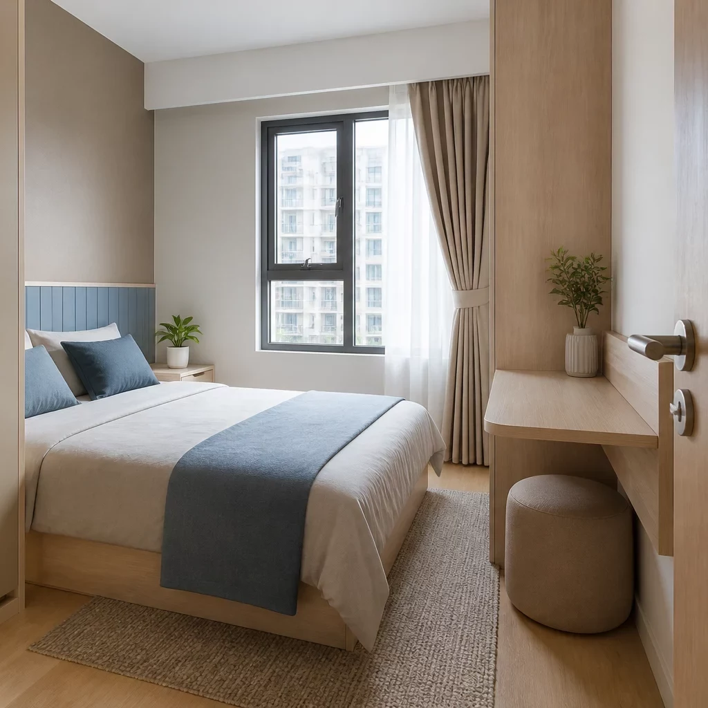 Nội thất chung cư nhỏ với gỗ và kính tối giản, view rừng xanh.