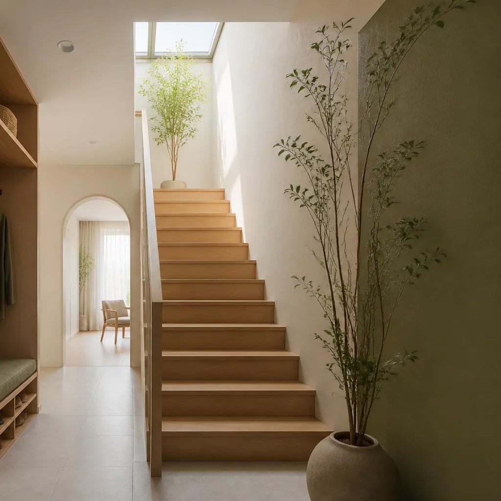Nội thất chung cư nhỏ sang trọng với cầu thang đá và sofa da.