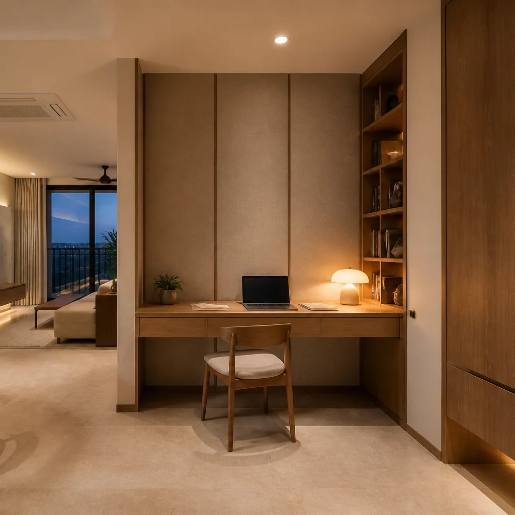 Nội thất chung cư nhỏ với giường gấp thông minh và bàn làm việc hiện đại.