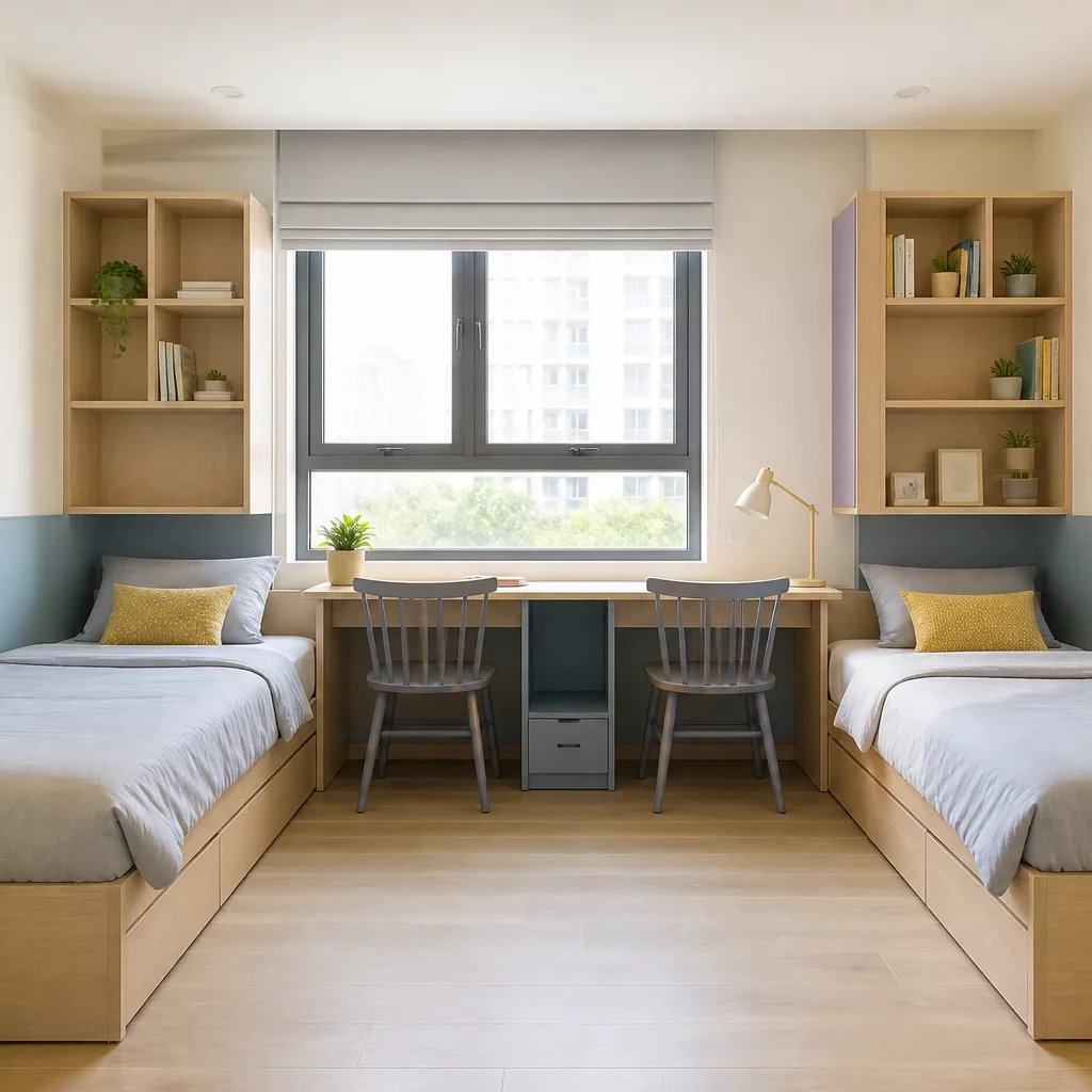 Nội thất chung cư nhỏ với sofa xanh ngọc và thảm vàng ấm áp.