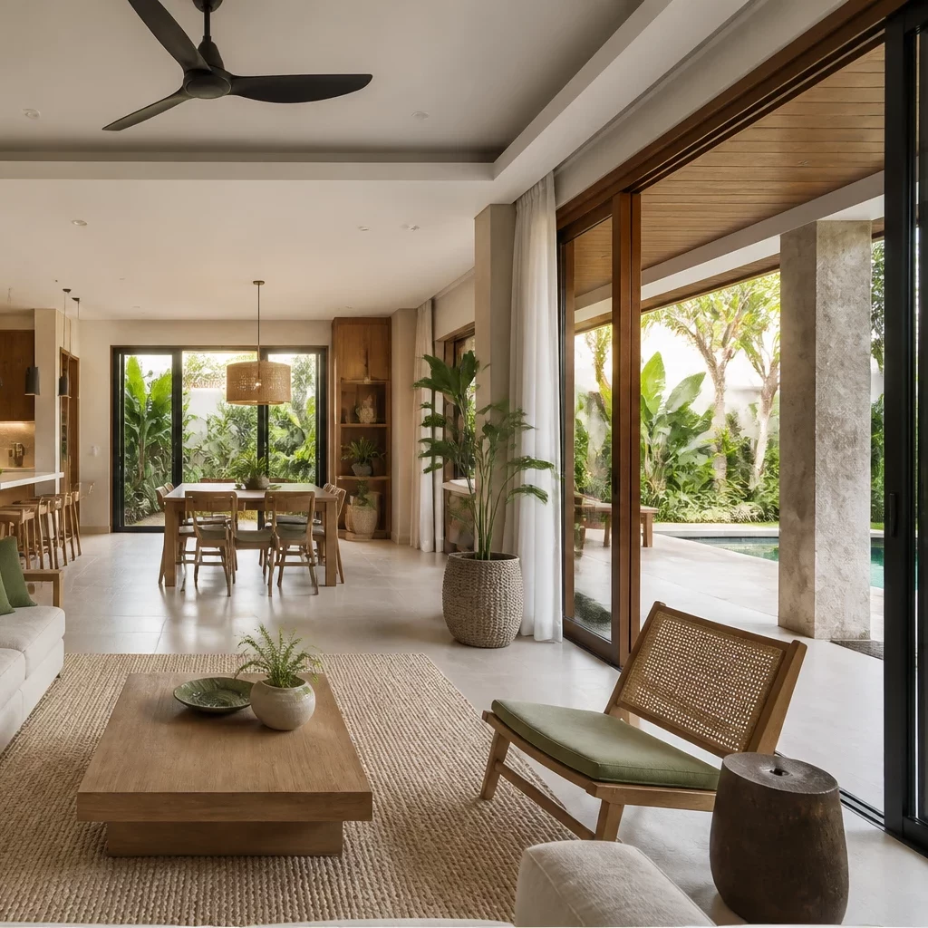 Nội thất chung cư nhỏ: Phòng khách kết hợp bếp với giường gấp hiện đại.