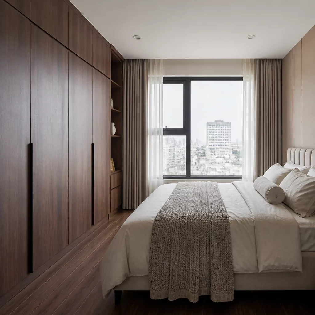 Nội thất chung cư nhỏ với gỗ, trần terracotta và sàn đá vỡ.
