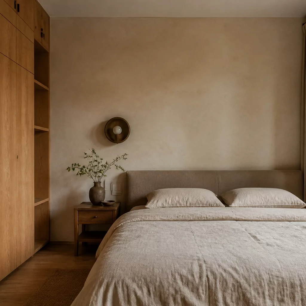 Nội thất chung cư nhỏ mang phong cách Wabi Sabi với rèm vải và gỗ chạm khắc.