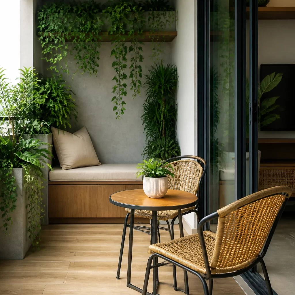 Nội thất chung cư tân cổ điển: ban công mùa đông với sofa trắng và cây xanh.
