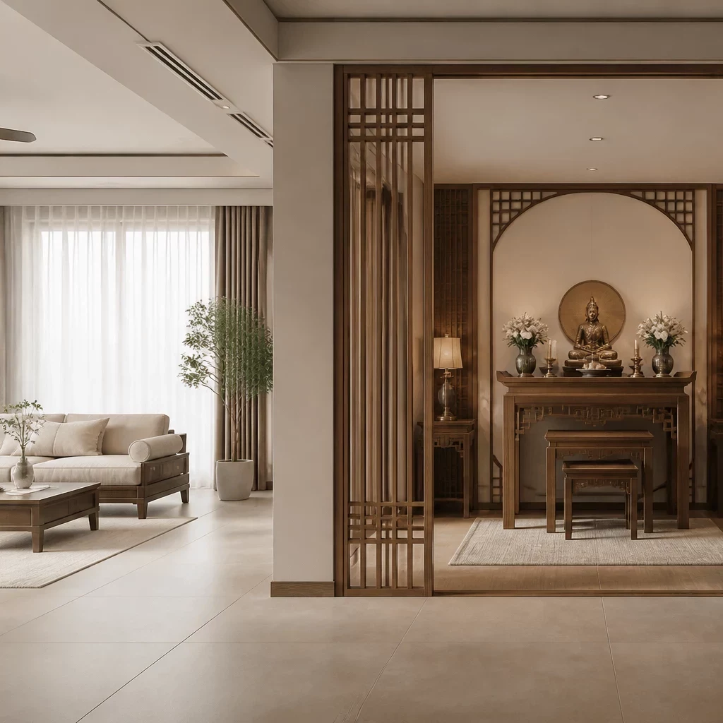 Nội thất chung cư tân cổ điển với gỗ sáng và sofa xám.