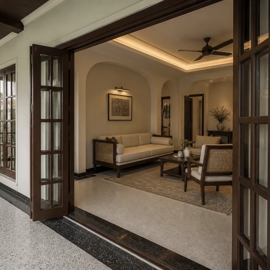Nội thất chung cư tân cổ điển sang trọng với gỗ và kính.