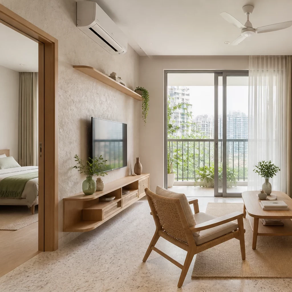 Nội thất chung cư tân cổ điển trên ban công view city.