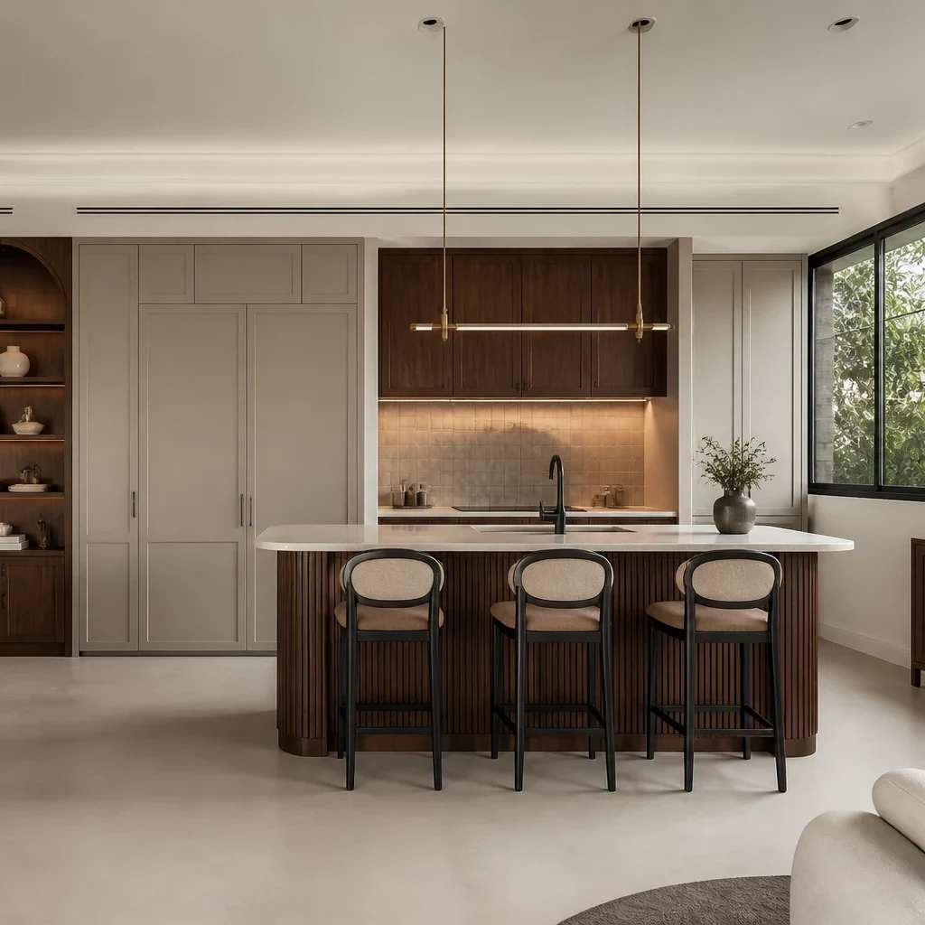 Nội thất chung cư tân cổ điển: Bếp hiện đại với đá cẩm thạch và tủ gỗ xám.