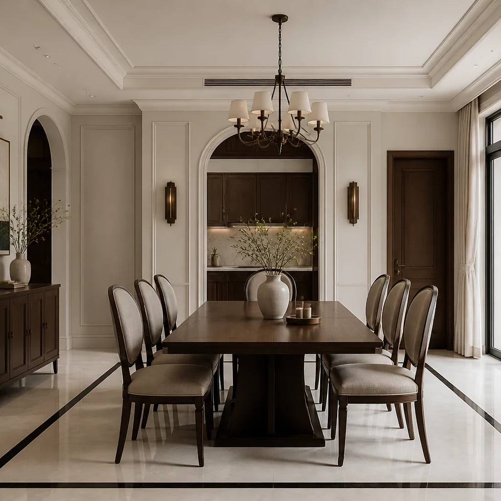 Ban công nội thất chung cư tân cổ điển với sofa trắng, bàn kim loại và cây xanh.