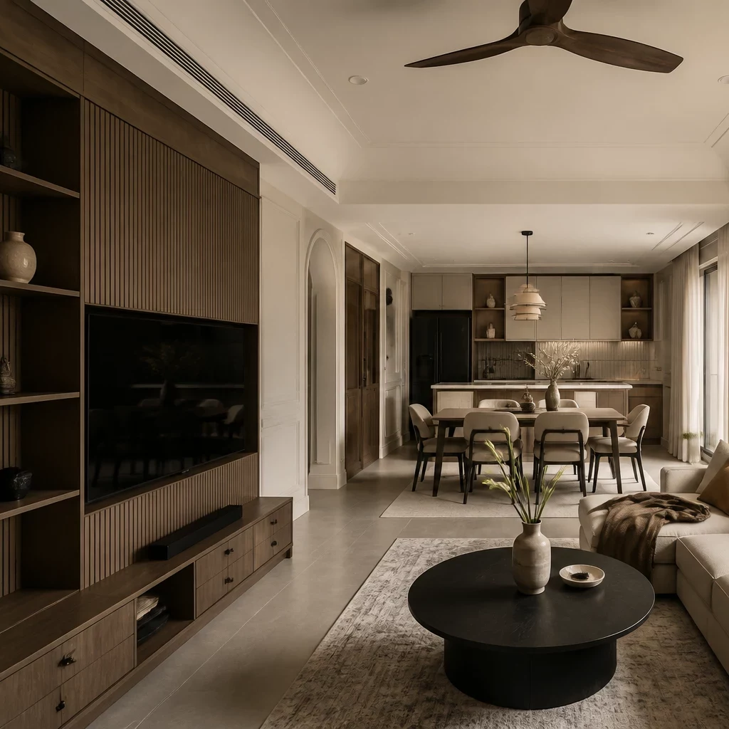 Nội thất chung cư tân cổ điển với tường hoa, giường bọc nệm và tủ gương vàng đồng.