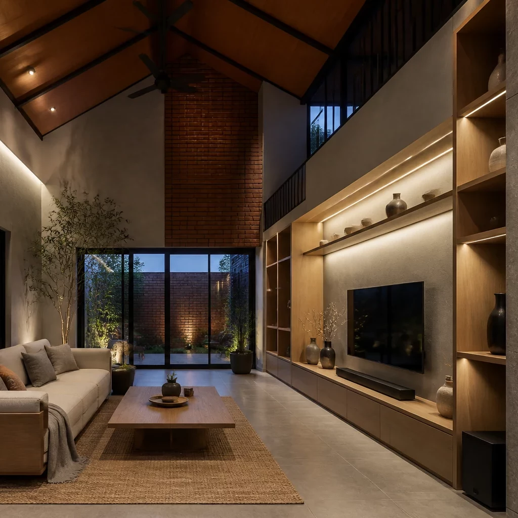 Nội thất gỗ công nghiệp trong phòng khách cao cấp với sofa vải nhung và đèn chùm pha lê.