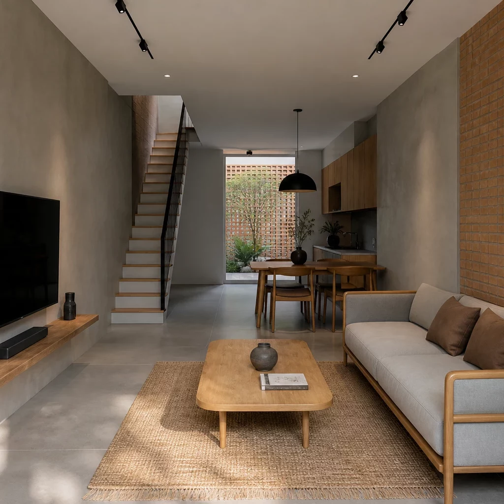Nội thất gỗ công nghiệp trong phòng khách sáng tinh tế với sofa kem và ánh sáng tự nhiên.