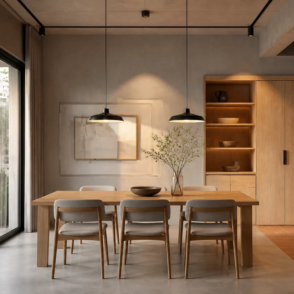 Nội thất gỗ công nghiệp phong cách Nhật, bàn đá, thảm tatami.