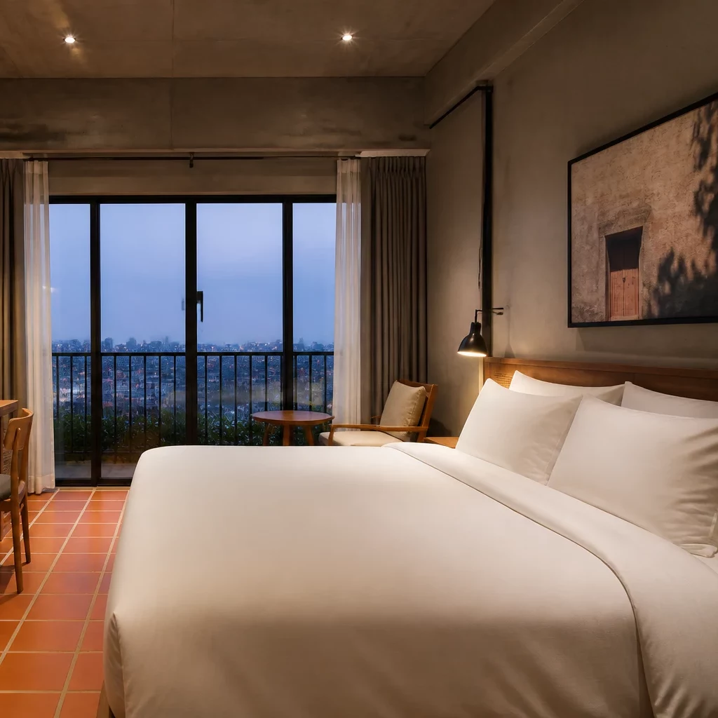 Nội thất gỗ công nghiệp trong phòng khách view tuyết đẹp.
