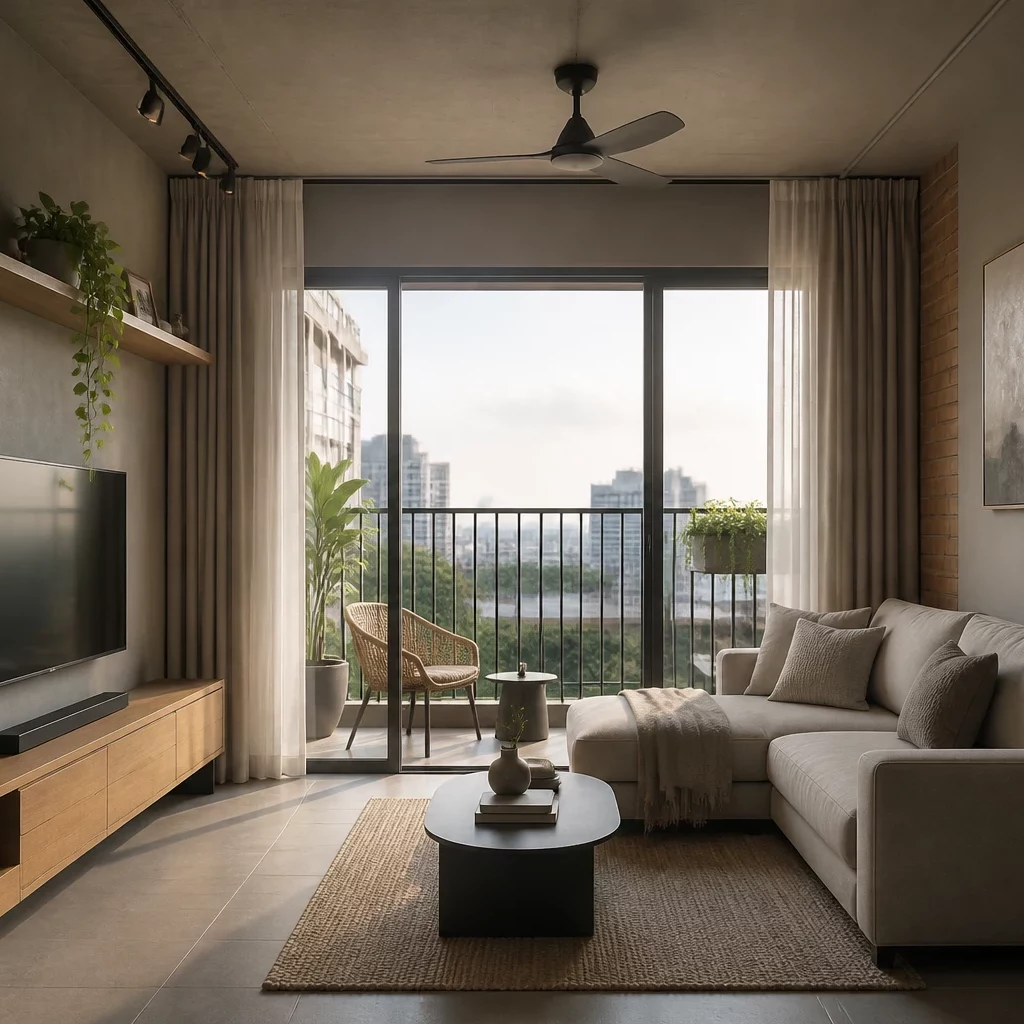 Nội thất gỗ công nghiệp trong phòng khách hiện đại với sofa kem và đèn thả kim loại.