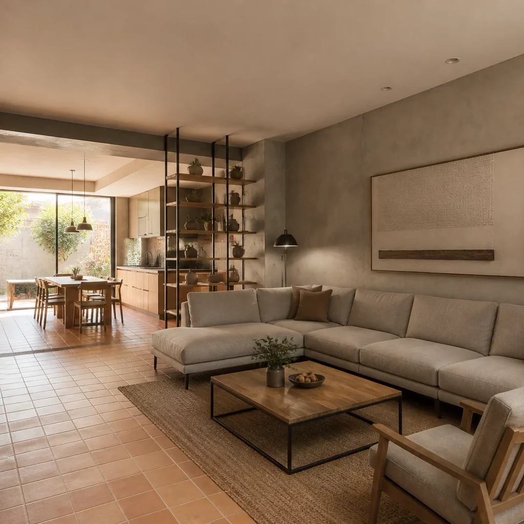 Nội thất gỗ công nghiệp kết hợp sofa kem và bàn trà kính trong phòng khách sang trọng.