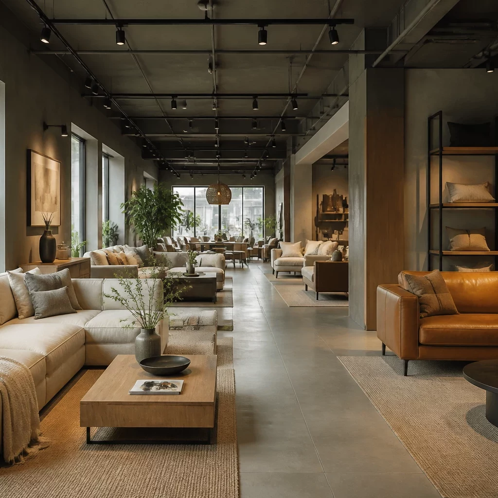 Nội thất gỗ công nghiệp trong không gian sống hiện đại với sofa da và cây xanh.