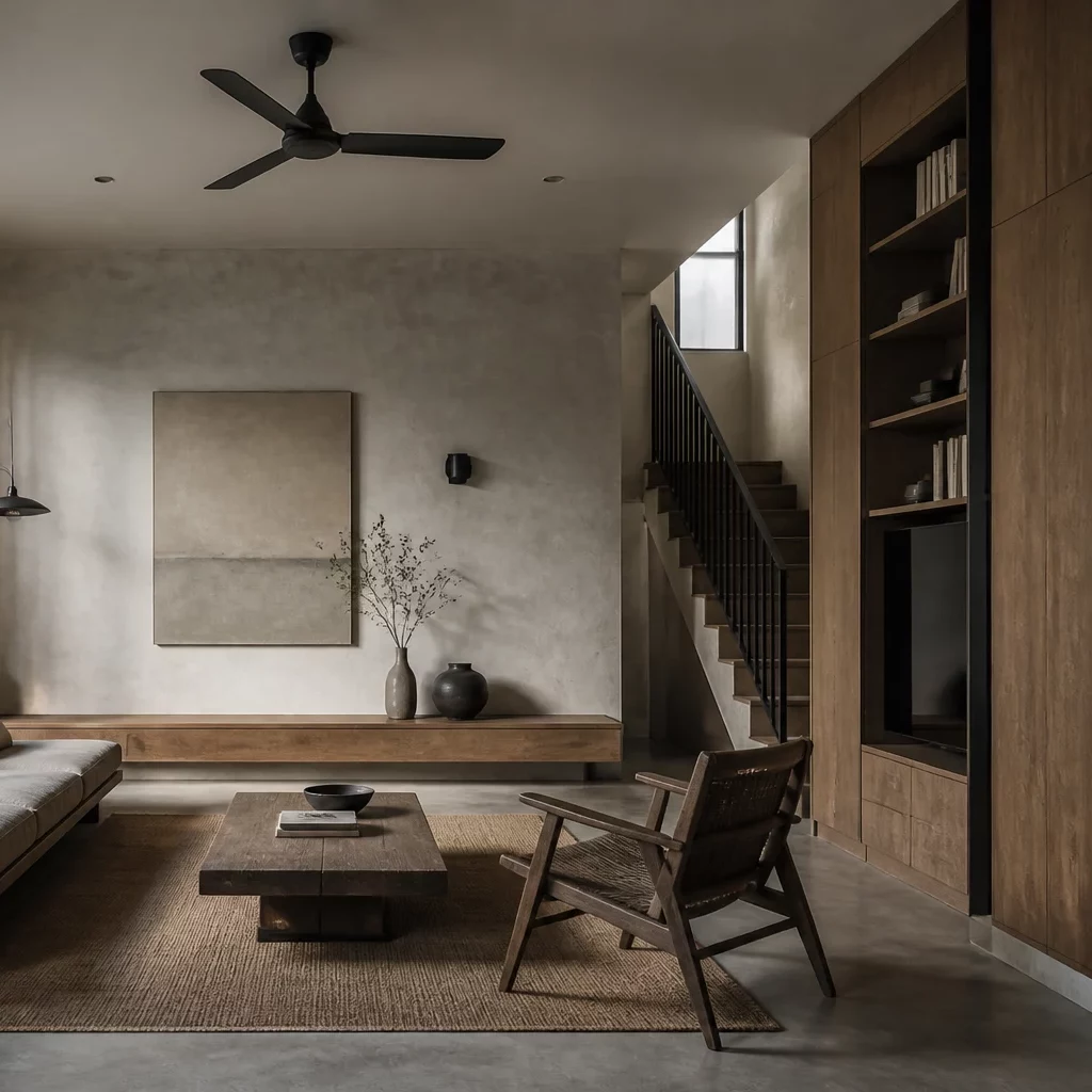 Nội thất gỗ công nghiệp trong phòng khách tối giản với kệ sách đen và sofa nâu.