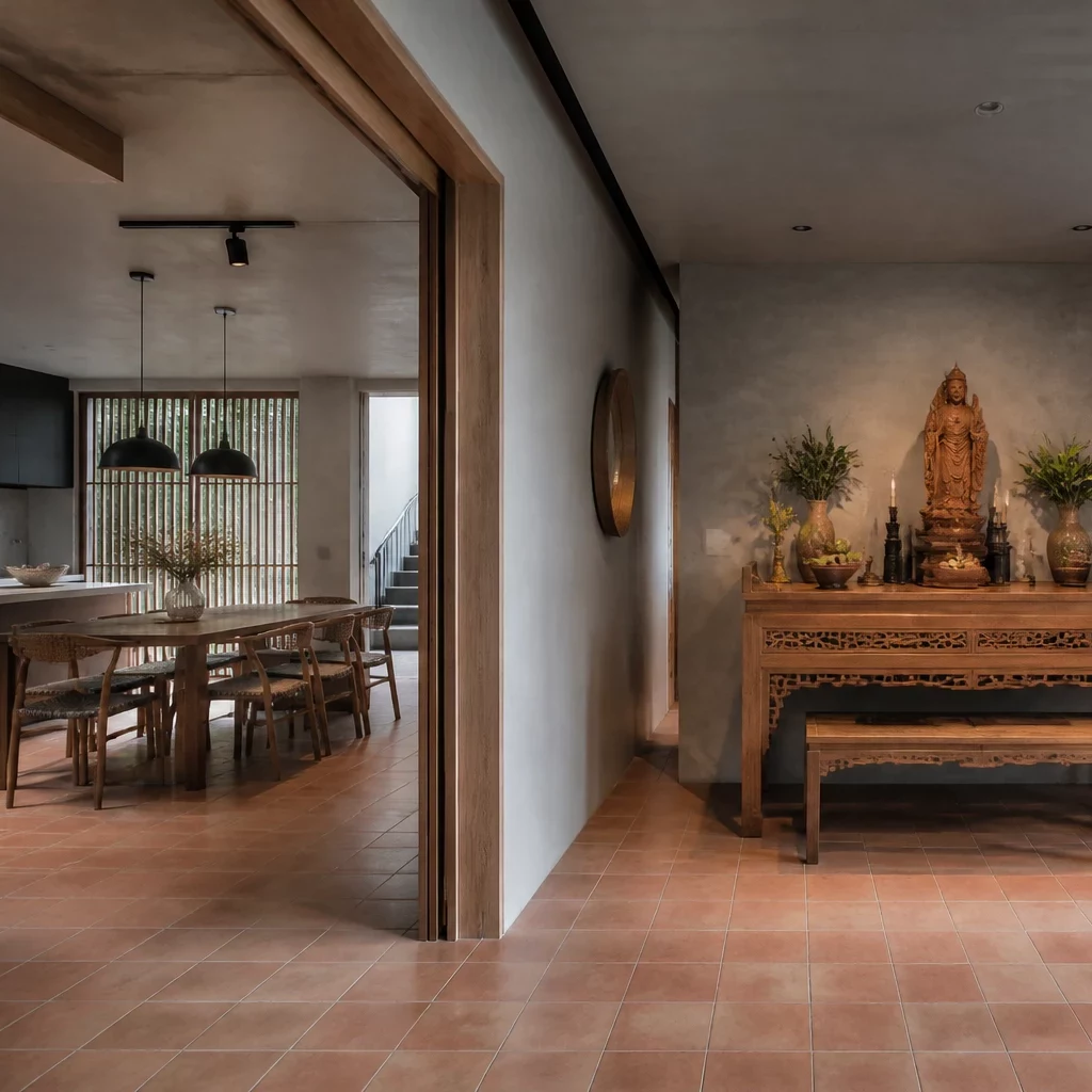 Nội thất gỗ công nghiệp trong phòng thư viện sang trọng với tủ sách và sofa kem.