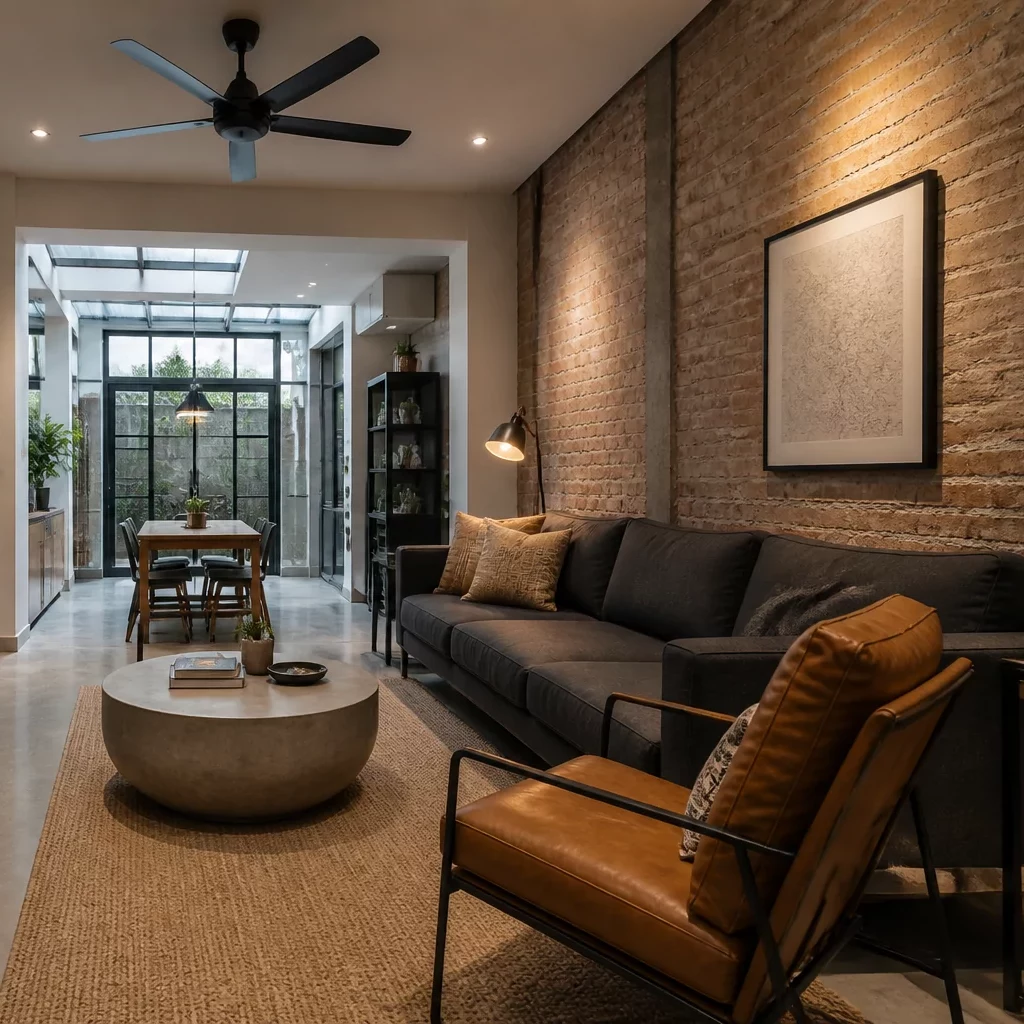 Nội thất gỗ công nghiệp kết hợp sofa xanh trong phòng khách sang trọng.