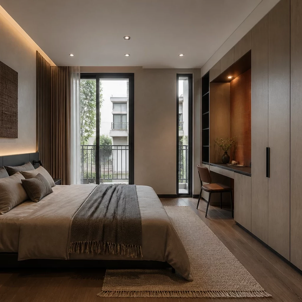 Phòng ngủ nội thất gỗ công nghiệp với ánh sáng vàng dịu nhẹ.