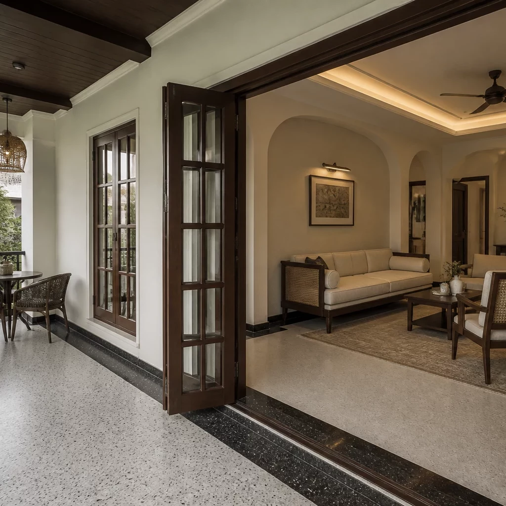 Nội thất gỗ óc chó sang trọng bên hồ bơi cổ điển.