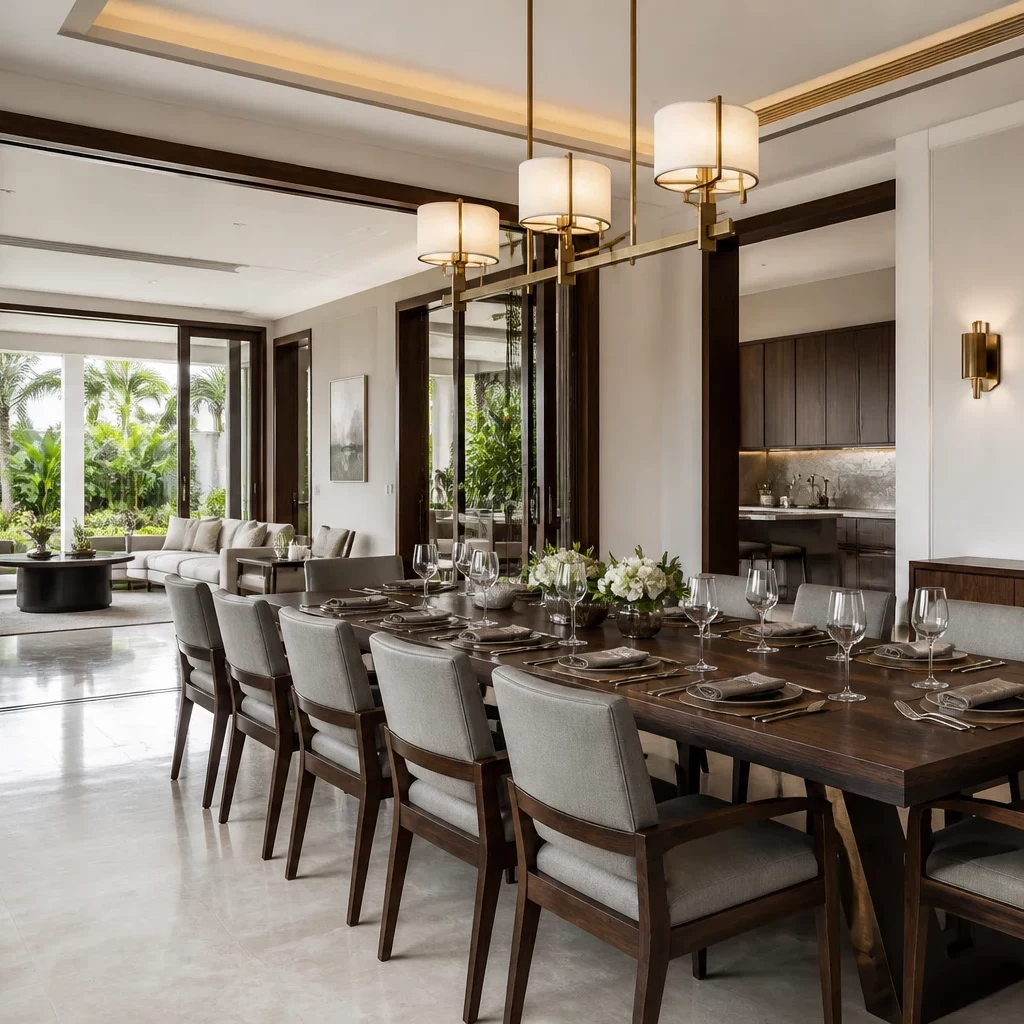 Nội thất gỗ óc chó trong phòng truyền thống Nhật Bản, tinh tế và thư thái.