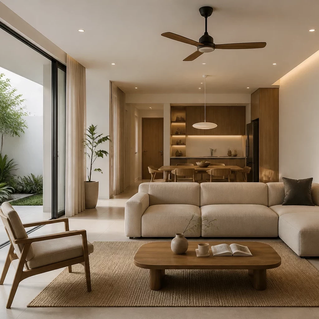 Nội thất gỗ óc chó trong phòng khách tối giản với tường đá và cửa kính lớn.