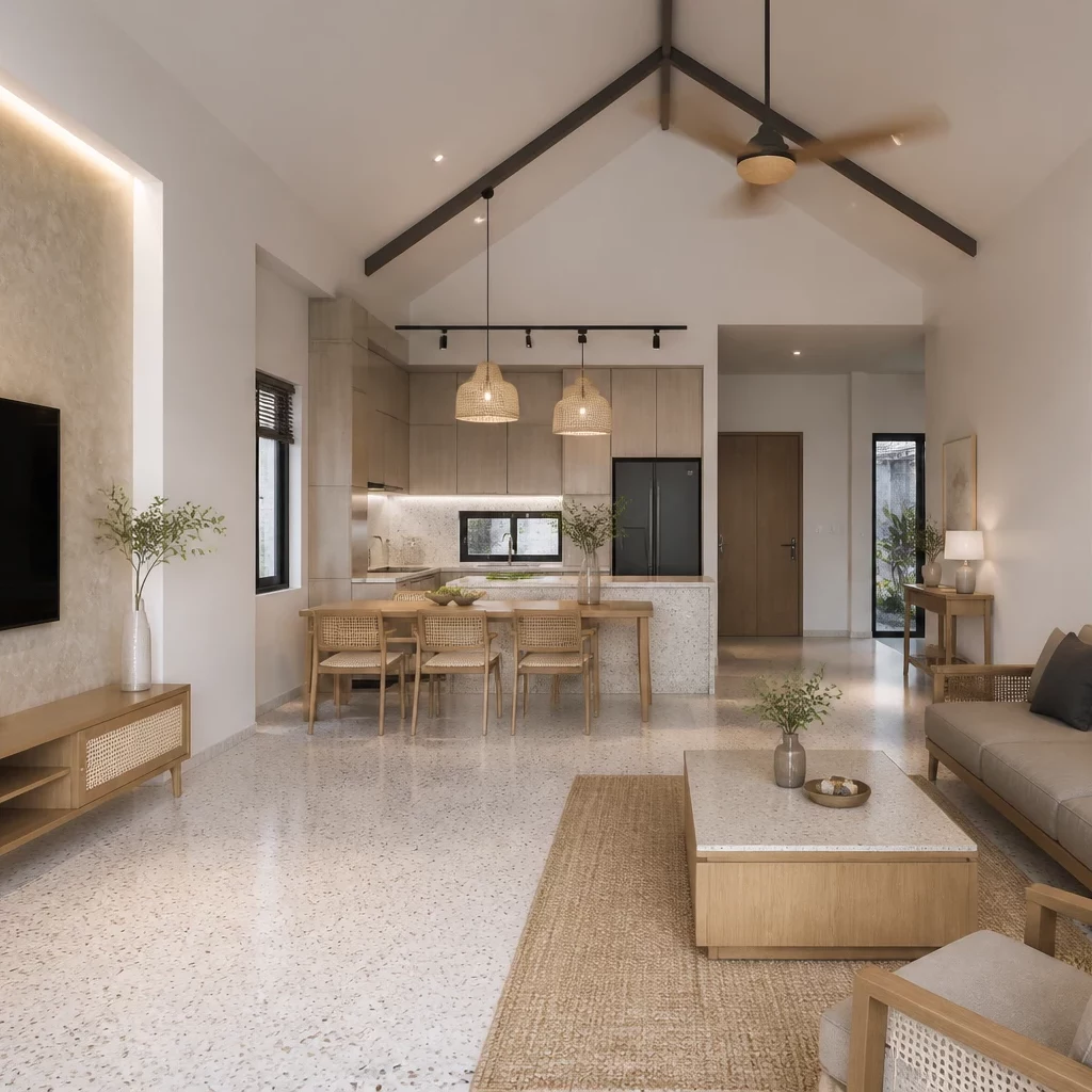 Nội thất gỗ óc chó trong phòng khách hiện đại, ấm cúng.