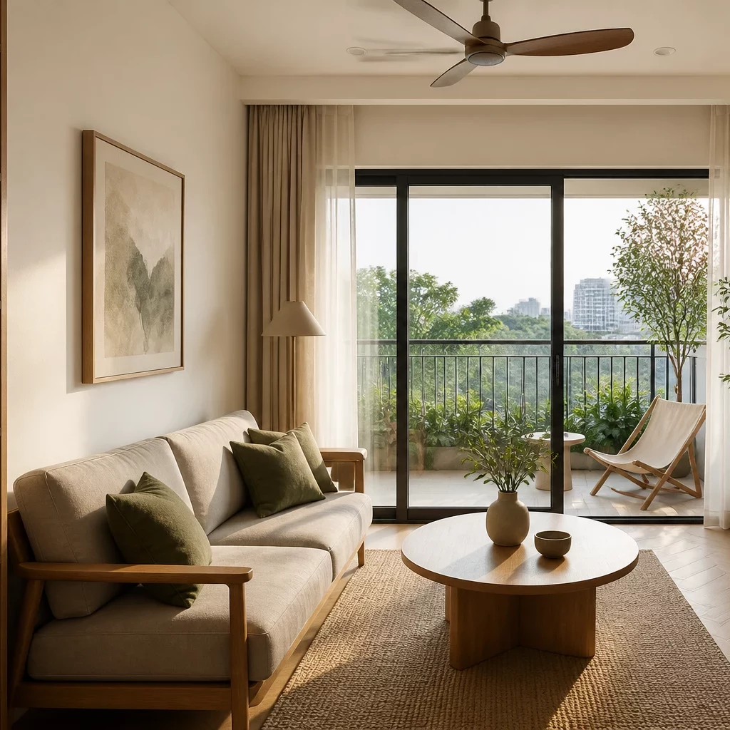 Nội thất gỗ óc chó trong phòng khách hiện đại với sofa bông và bàn trà nhỏ gọn.