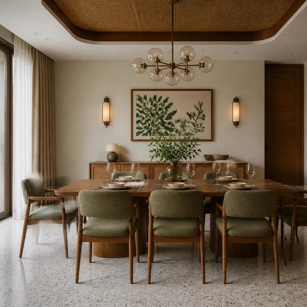 Nội thất gỗ óc chó trong phòng khách hiện đại với trần gỗ và sofa trắng.