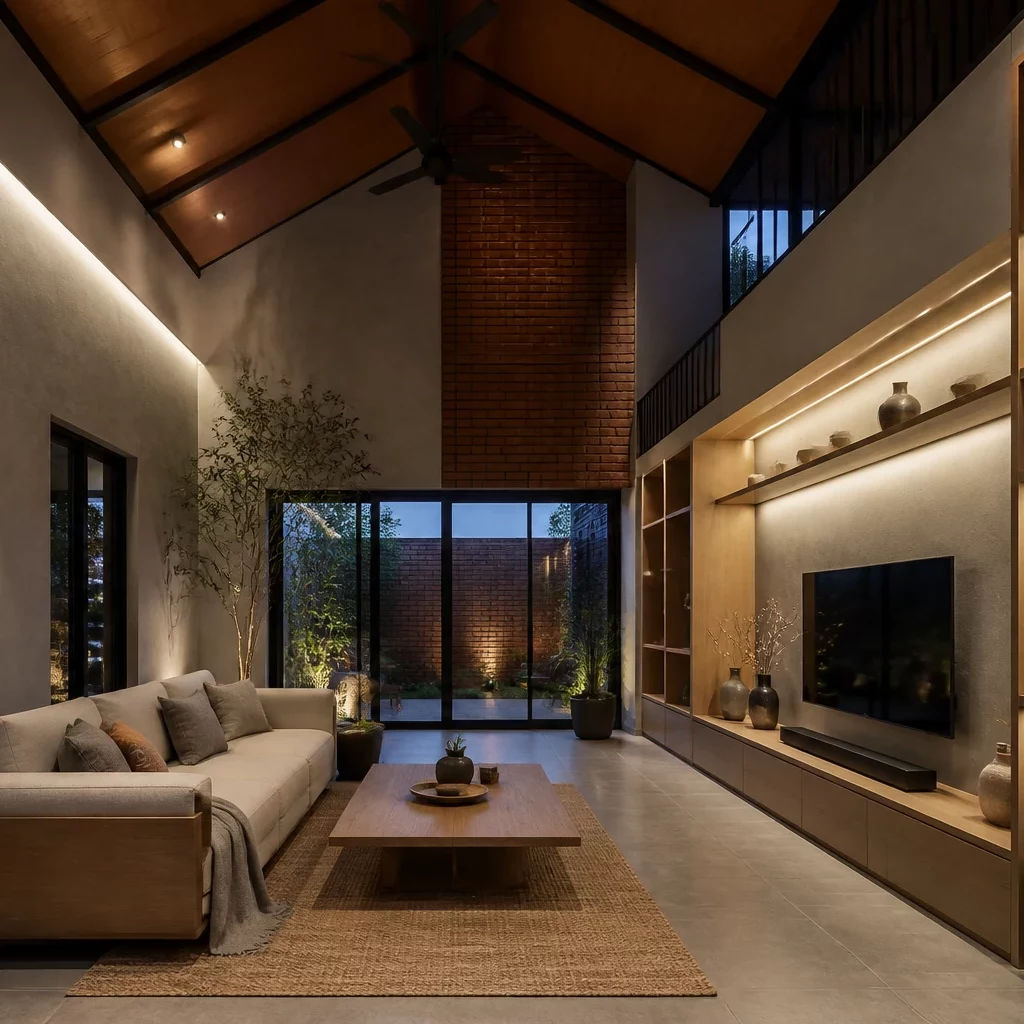 Nội thất gỗ óc chó sang trọng view rừng trong phòng khách hiện đại.
