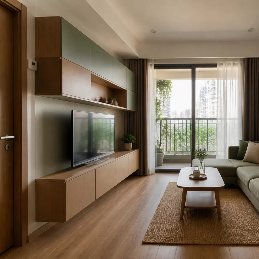 Nội thất gỗ óc chó kết hợp sofa xanh ngọc trong phòng khách hiện đại.