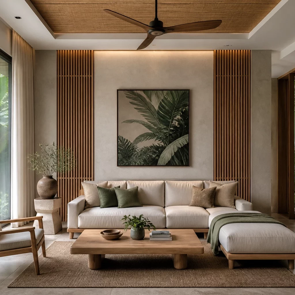 Nội thất gỗ óc chó sang trọng trong phòng khách sáng sủa.
