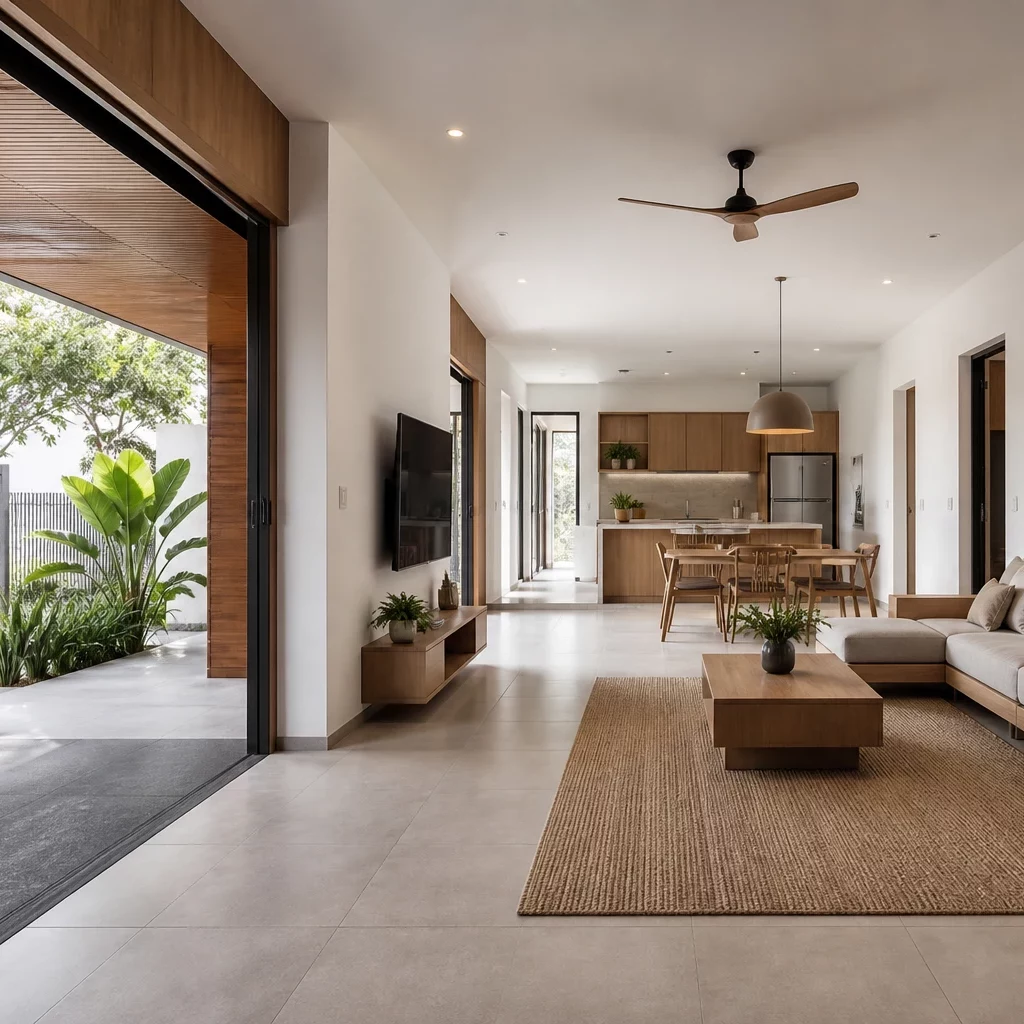 Nội thất gỗ óc chó sang trọng trong không gian mở view rừng.